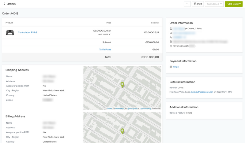 abandoned order details page