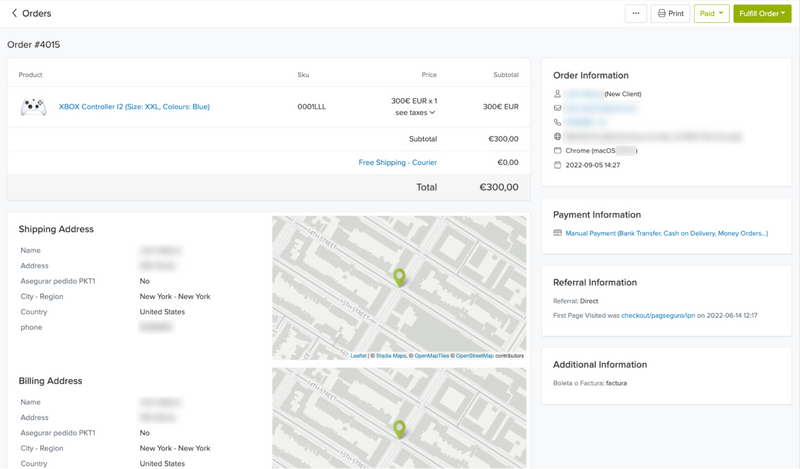 order page information